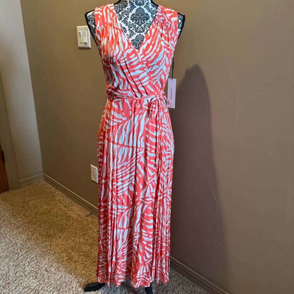 Women's Coral, White and Gray Wrap Dress - Calvin Klein